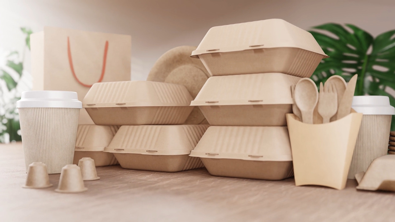 A collection of eco-friendly, biodegradable food containers and utensils are arranged on a wooden surface. Includes clamshell boxes, a paper coffee cup, disposable cutlery, and condiment cups.
