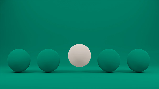 Public Equity Markets Have Changed—Why Do Portfolios Still Look the Same? Single white sphere standing out from a row of green spheres.